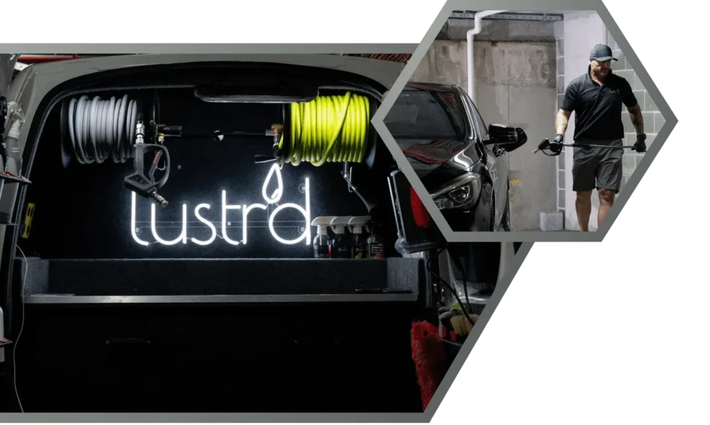 Professional car detailing setup by Lustrd Detailing in Sydney, featuring high-end mobile equipment and pressure washers.