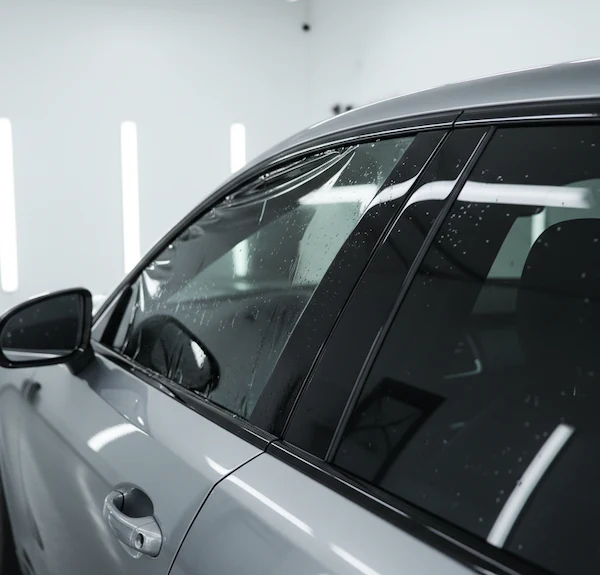 Professional window tinting application on a silver luxury car by Lustrd Detailing in Sydney.